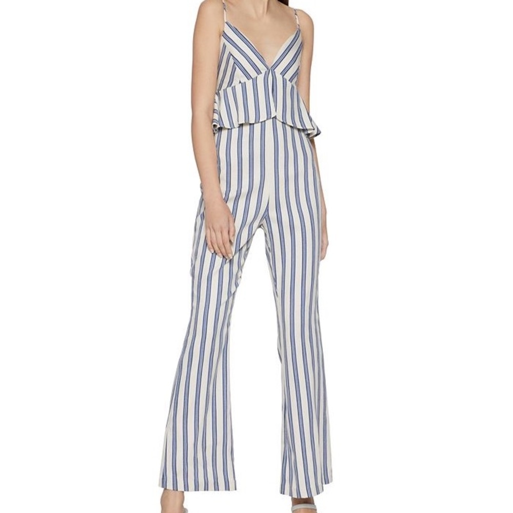 EUC BCBGENERATION PINSTRIPE WHITE BLUE ROMPER PEPLUM WAIST - Picture 4 of 4